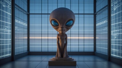 A large alien figure with oversized eyes displayed in a futuristic interior space with glass walls