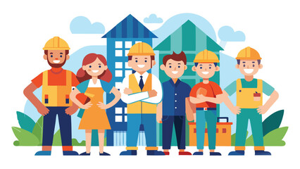 Construction Crew Cartoon Illustration with Buildings and Foliage in Background Featuring Workers and Engineer