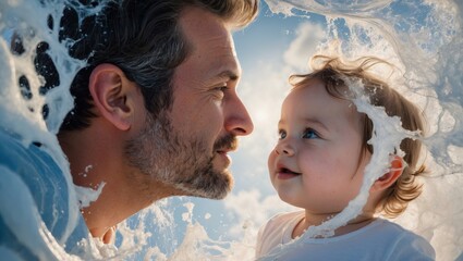 Father and baby sharing a joyful moment at the beach, surrounded by ocean waves and sunlight