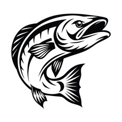 Naklejka premium Black and White Jumping Salmon Silhouette Illustration, Leaping Fish Design, River Life