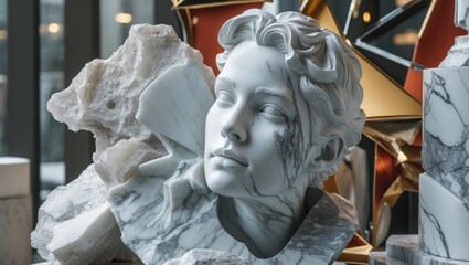 A detailed marble sculpture of a woman's head surrounded by abstract shapes and modern art elements in a contemporary setting