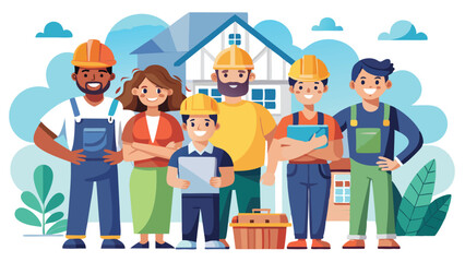 Cartoon Construction Team in Hard Hats with House and Toolbox Illustration