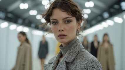 Portrait of a young woman with natural makeup wearing a stylish coat in a modern runway setting with blurred figures in the background