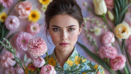 Portrait of a young woman with a floral backdrop, holding pink flowers, exuding elegance and beauty