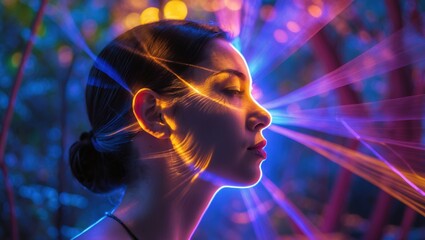 A serene profile of a woman illuminated by colorful light rays, creating a vibrant atmosphere in a mystical setting