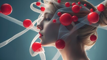 Profile of a woman with elegant hair adorned with red spheres and flowing white fabric, creating a dreamy atmosphere