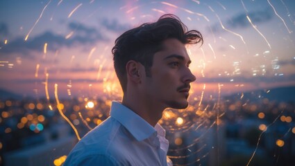 Profile of a young man against a vibrant city sunset, with glowing light swirls creating a dreamy atmosphere