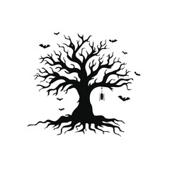 Spooky halloween tree bats spider silhouette illustration