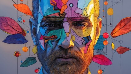 A vibrant portrait of a man with a vividly painted face, surrounded by colorful leaves and abstract shapes, creating an artistic atmosphere
