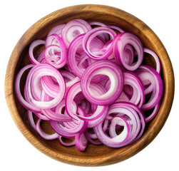 Freshly sliced red onions in a wooden bowl isolated on transparent background.