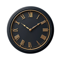 Black wall clock with gold Roman numerals elegant time piece classic on transparent background