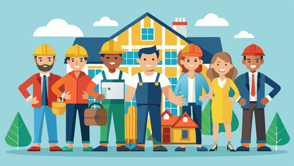 Diverse Team of Construction Workers Standing in Front of Newly Built House Illustration