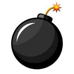 a classic cartoon bomb with a round black body, lit fuse with a bright orange and yellow sparking flame at the tip.