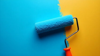 Obraz premium a paint roller on a blue wall, minimalist, abstract,modem, high contrast, vivid colors, digital art