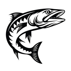 Barracuda Jumping Out, Black and White Mascot Style, Aggressive Fish Icon Design