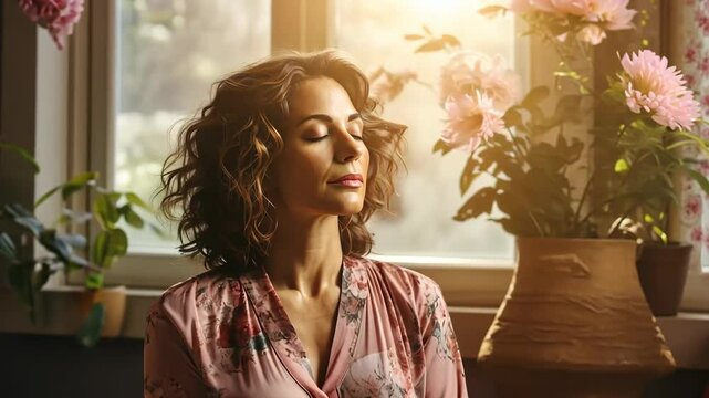 young woman meditating indoors at sunrise, sitting quietly on floor video concept wellness mindfulness morning routine health media yoga lifestyle