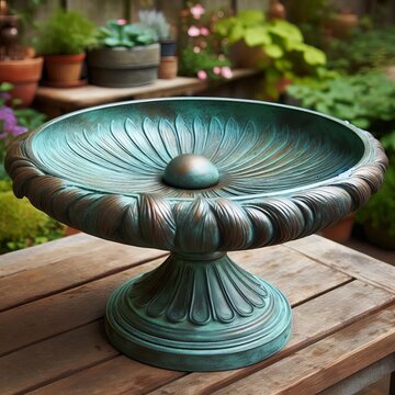 Empty metal bird bath shallow basin on a pedestal weathered verd