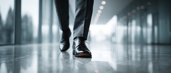 A cropped view of a man in formal shoes walking confidently through a glossy office corridor with bokeh lights