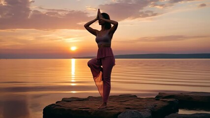 woman practicing yoga on beach at sunrise with calm sea and pastel sky concept of wellness, fitness, travel industry - Powered by Adobe