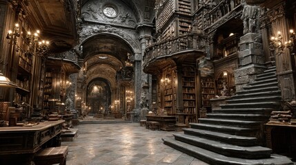 Fototapeta premium Opulent, ancient library filled with books, stairs and statues detailed