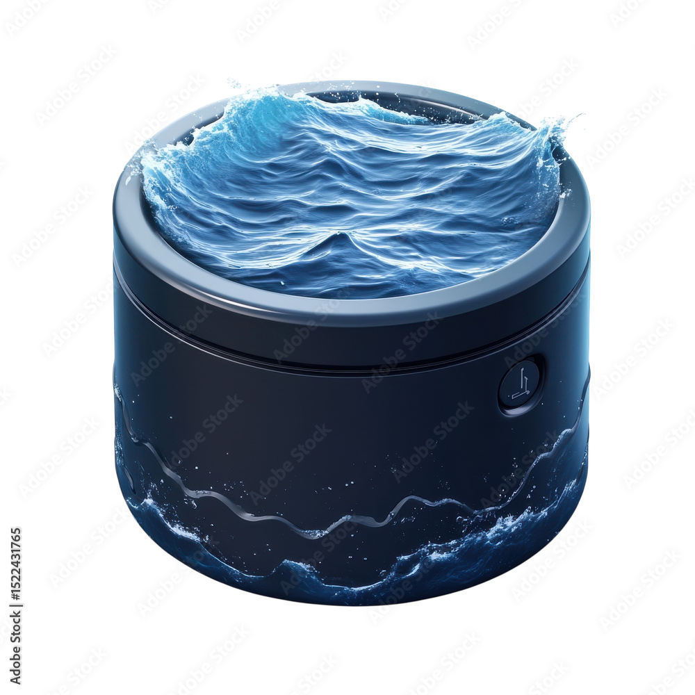 Poster minimalist container overflowing with dynamic ocean waves in studio on transparent background