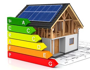 3D model of a house with solar panels and energy efficiency rating