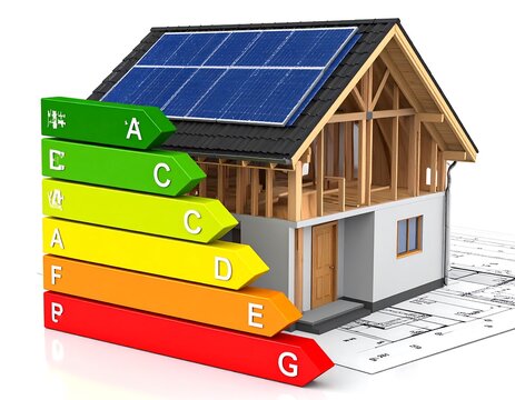 3D model of a house with solar panels and energy efficiency rating - Powered by Adobe