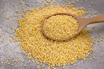 Millet grains in wooden spoon on a gray background