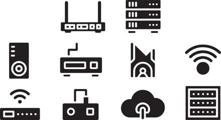 Illustrated set of modern network and wireless communication icons in minimalist black style