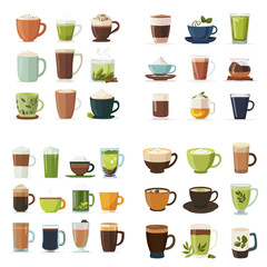 Assorted flat vector of coffee and tea in various cups and mugs, showing hot and cold drinks, foam, leaves, and glass styles.


