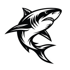 Aggressive Shark Jumping Out, Aquatic Animal, Black and White Silhouette, Marine Life