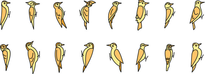 Fototapeta premium Woodpeckers clinging to tree, simple icon set representing different species or positions of picidae family birds