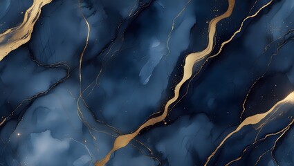 Fototapeta premium Midnight Veins: Abstract Blue and Gold Elegance with watercolor painting 