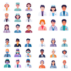 Vector set of diverse medical professionals in uniform, including doctors, nurses, and healthcare workers with various specialties and ethnicities. Perfect for health-related content.

