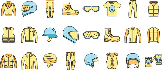 Set of various motorcycle apparel and accessories in vibrant colors
