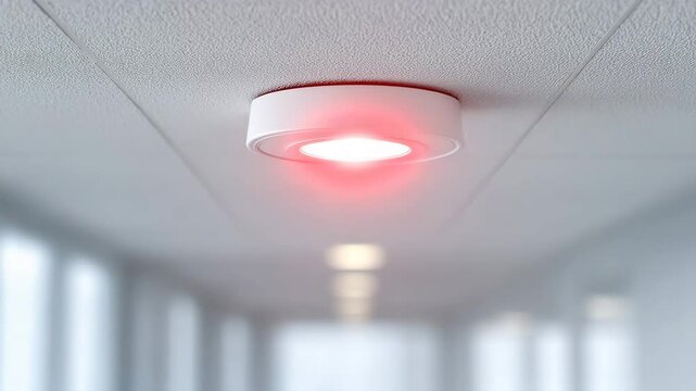 Safety Beacon: A modern, circular ceiling-mounted light fixture, illuminating a hallway with a vivid, warning red glow, creating a strong sense of alert.
