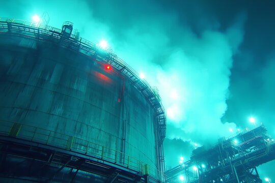 Industrial Complex at Night with Illuminated Structures and Smoke Plumes