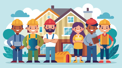 Cartoon Construction Team Posing in Front of a House with Doghouse Illustration