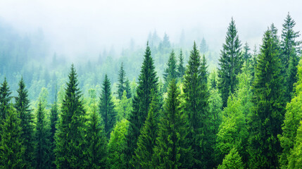 Obraz premium Lush forest landscape with tall evergreen trees surrounded by mist, creating serene and tranquil atmosphere