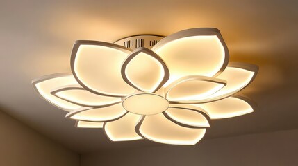 Artistic luxury chandelier shaped like a blossom with warm LED lighting beneath a tray ceiling