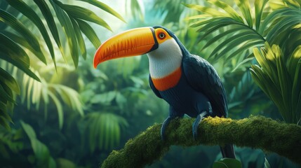 Obraz premium A vibrant toucan sitting on a mossy branch with tropical leaves in the background