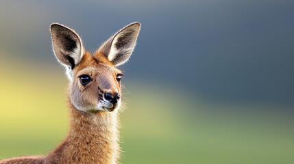 Fototapeta premium Close up wildlife photo of young kangaroo with large ears and curious expression, set against blurred natural background