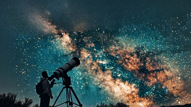 astronomer observing starry night sky through telescope video concept astronomy education space exploration science