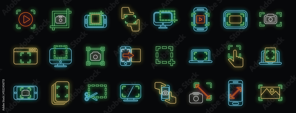 Poster set of glowing neon icons illustrating cropping and resizing functions for images and videos across 