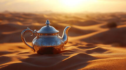 Silver teapot on desert sand dunes at sunset beautiful moroccan tea ceremony travel and tourism concept