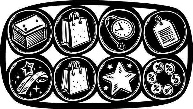 Illustrated black and white circular icons representing retail shopping sales discounts promotions and rewards themes