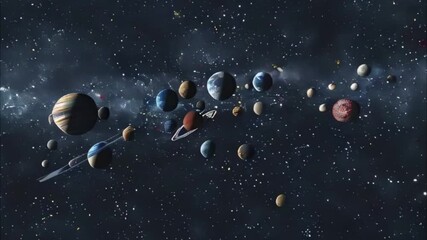 Planets gather in the solar system amidst glowing stars in a vibrant cosmic atmosphere