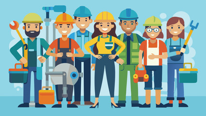 Diverse Team of Construction Workers and Plumbers with Tools and Equipment Illustration on Blue Background