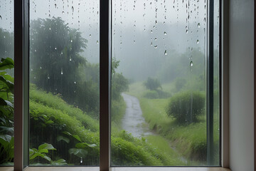Naklejka premium Natural route through window with rain drops
