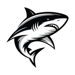 Aggressive Shark Monochrome Illustration, Sharp Teeth and Fin Silhouette against white